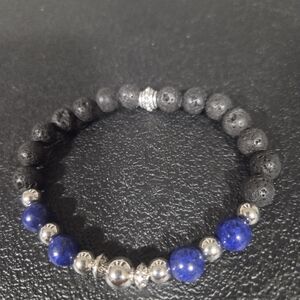 Hand Crafted Men's Black Lava and Blue Lapis Lazuli Bead Stretch Bracelet
